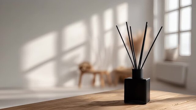 A sleek, modern black diffuser with reeds, placed on a wooden surface, soft light & natural elements in a room