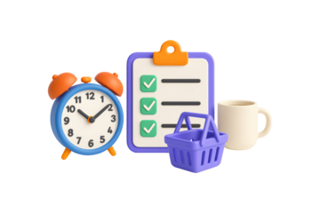 A 3D rendering of several objects related to daily tasks and time management is centered against a transparent isolated background.