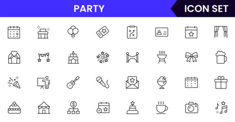Party vector web line icon collection, sleek illustrations of calendars, tickets, venues, decorations for organized, festive designs.