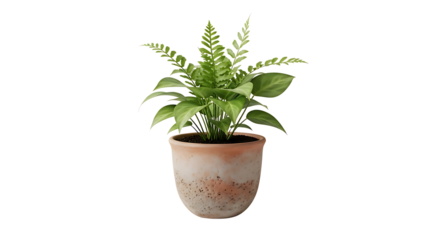 A lush green fern plant with delicate fronds sits in a textured terracotta pot against a solid black background
