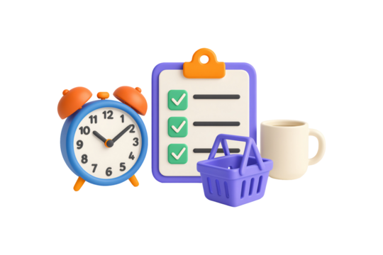 A 3D rendering of several objects related to daily tasks and time management is centered against a transparent isolated background.