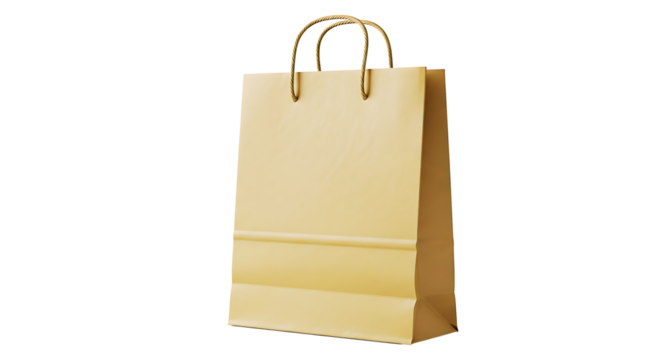 A tall plain brown paper shopping bag with twisted rope handles stands upright against a solid black background isolated