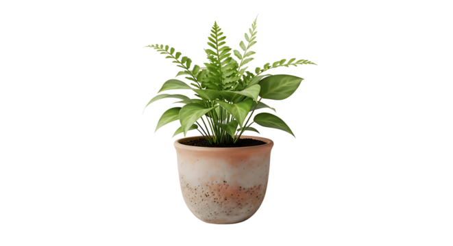 A lush green fern plant with delicate fronds sits in a textured terracotta pot against a solid black background