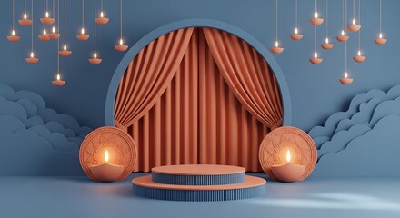 Festive Diwali Stage with Diyas and Curtains