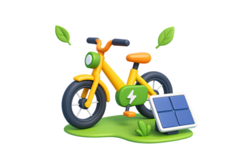 A 3D rendered illustration on an isolated background depicts a concept related to green energy and transportation, centered around a stylized yellow electric bicycle and a solar panel.