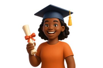 A 3D animated character of a young Black woman smiling broadly and holding a diploma scroll. She appears to be a recent graduate, wearing a navy blue graduation cap, also known as a mortarboard.