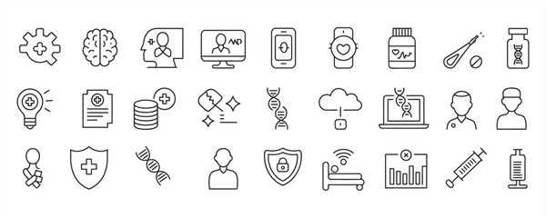 Modern healthcare icons illustrating medicine, technology, and wellness solutions perfect for a health tech company's website or mobile app design project