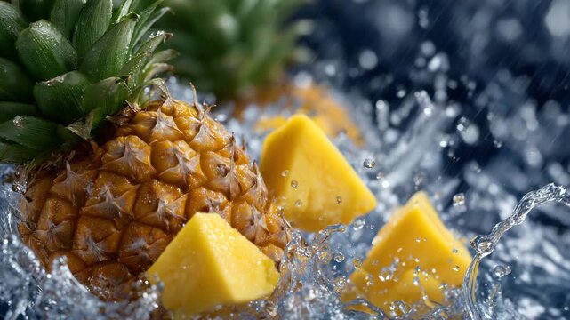Pineapple chunks and mango cubes bursting through splashing water, motion blur on droplets, tropical bright background enhancing vibrant fruit colors
