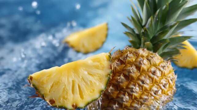 Pineapple and mango slices captured mid-splash in a tropical setup, water arcs forming around fruits, bright, juicy, and refreshing aesthetic