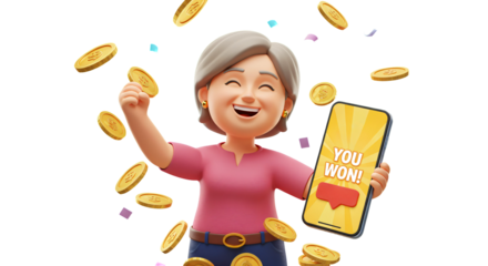 A 3D rendered illustration on a transparent background features a middle-aged to elderly woman holding a smartphone that displays a notification bubble with the text "YOU WON!" in capital letters.