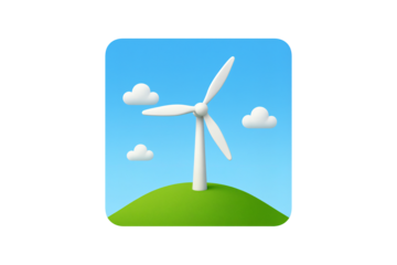A 3D-rendered icon featuring a white wind turbine situated on a green, rolling hill under a bright blue sky.