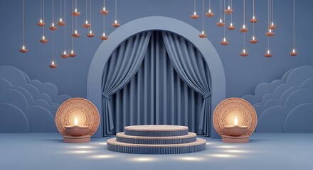 Festive Stage with Diya Lamps and Curtains