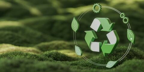 Eco-Friendly Embrace: A vibrant 3D rendering of the universally recognized recycling symbol is set against a lush, grassy backdrop, symbolizing sustainability and environmental conservation.