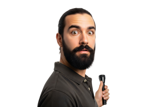 A studio close-up image shows a bearded man, appearing to be in his 30s, with a startled or surprised expression, holding a flashlight, set against an isolated background.