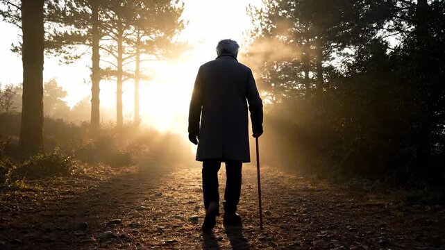 Senior man walking with cane. Silhouette moves along forest path at sunrise. Backlight creates long shadows and soft glow. Solitude and wellness theme emphasized. Simple cinematic study of aging.
