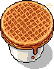 Pixel art illustration of a waffle on top of a bowl with caramel or syrup dripping down the sides.