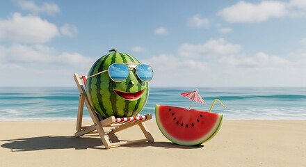 Happy Watermelon Character Relaxing on a Beach Chair