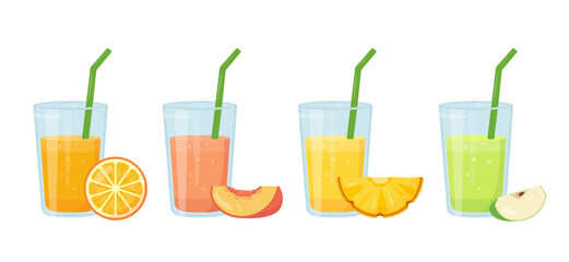 Set of glasses with Fresh juice. Orange, peach, pineapple and green apple juices or vitamin smoothie. Vector icon illustration isolated on white background.