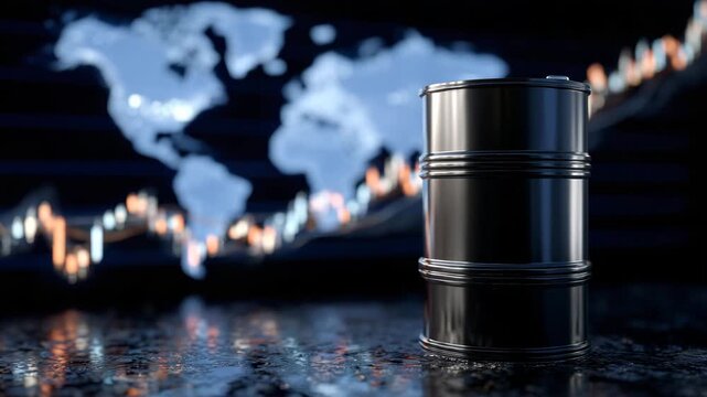 Reflective oil barrel in foreground, global stock market graph rising across digital map in background, crude oil finance scene