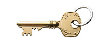 A single antique brass skeleton key with a silver keyring isolated on a stark black background symbolizing access and security