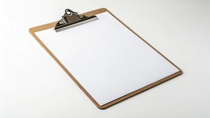 Wooden clipboard with blank white paper and metal clip
