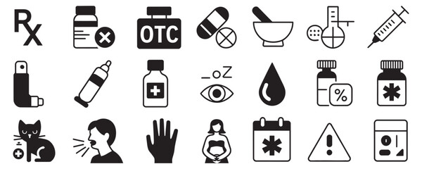 Essential healthcare icons for modern wellness designs including prescription, medication, pregnancy, allergy, and more for your next health project