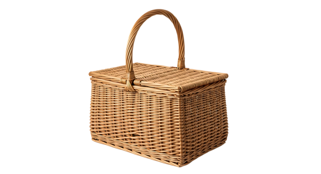 A traditional woven wicker basket with a hinged lid and sturdy handle perfect for picnics or storage isolated on a black background