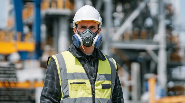 Safety personnel in reflective vest and hard hat adjusting gas mask, close-up view with blurred steel structures behind, gritty industrial atmosphere