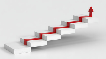 Red arrow climbing up white stairs symbolizing growth and success