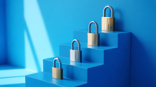 Four padlocks lined up on blue steps symbolizing security and progress - Powered by Adobe