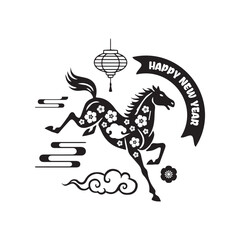 Black and white lunar new year 2026 horse chinese zodiac sign design