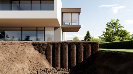 Obraz premium A modern residence with a unique soil structure in the foreground, the house features large windows and a cantilevered balcony under a bright sky in its backyard.