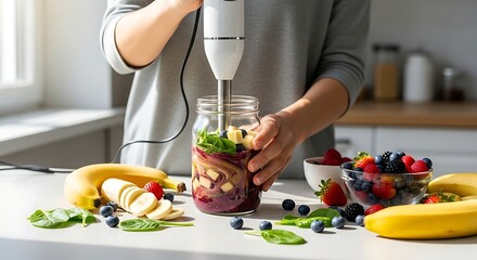 Person Blending Healthy Fruit Smoothie in Kitchen