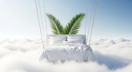 Surreal Bed Floating on Clouds with Palm Fronds