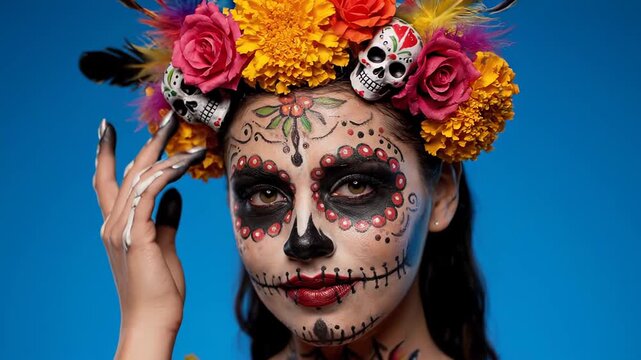Model with traditional calavera makeup and a floral wreath posing for the camera during a Dia de los Muertos festival on a blue background