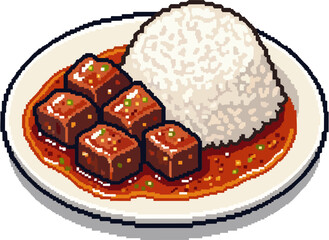 A pixelated illustration of a plate featuring rice and stewed meat cubes.