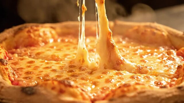 Hot Melting Cheese Pizza with Stringy Texture - Close-Up of Delicious Italian Food for Restaurant Menus and Recipe Blogs