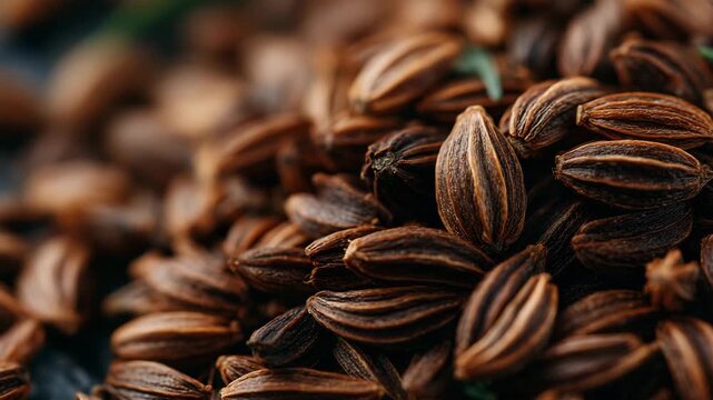 Top-view macro shot of caraway seeds, earthy tones and ridge patterns sharply in focus, subtle shadows adding depth for blog or culinary illustrations