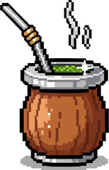 A pixelated illustration of a traditional mate gourd with a bombilla, steam rising.
