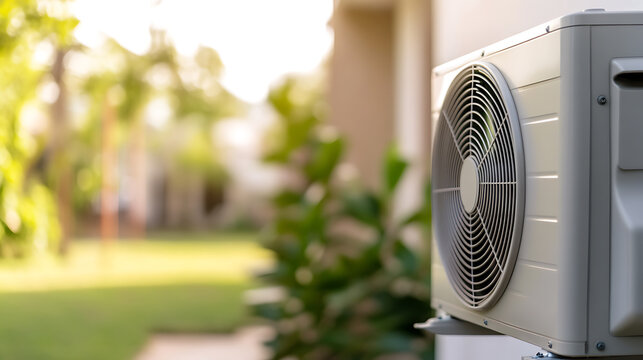 Residential comfort: An outdoor HVAC unit ensures a home's temperature is ideal. This fan & condenser unit, set against a garden backdrop, optimizes indoor air quality and saves energy. - Powered by Adobe