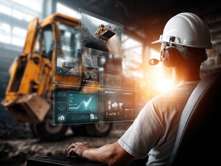 Industrial Construction Worker Using Digital Interface at Busy Construction Site with Excavator and Hard Hat