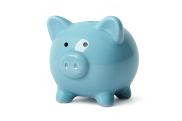 Blue ceramic piggy bank representing savings, financial investment, and economic growth with transparent background