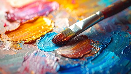 Fototapeta premium Artist's textured palette with brilliant colors and a paintbrush, illustrating the craft of painting