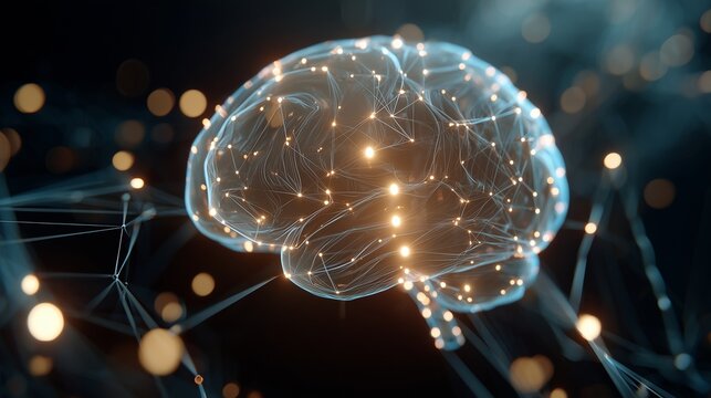 Digital concept of a human brain formed by glowing neural networks and data connections, symbolizing AI intelligence, technology, and innovation.
