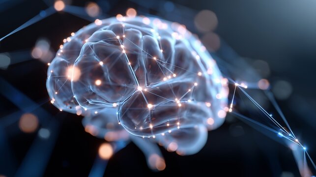 Digital concept of a human brain formed by glowing neural networks and data connections, symbolizing AI intelligence, technology, and innovation.