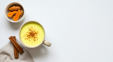 A top-down view of a creamy golden turmeric latte in a ceramic mug, sprinkled with cinnamon, accompanied by fresh turmeric root and cinnamon sticks on a white surface. Evokes warmth, comfort.