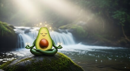 Zen Avocado Meditating by Waterfall