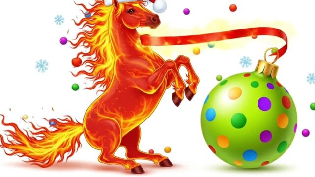 A dynamic, animated video of a majestic, fiery horse rearing up next to a giant, colorful polka-dot Christmas ornament. Snowflakes and festive bubbles float around them against a white background. 