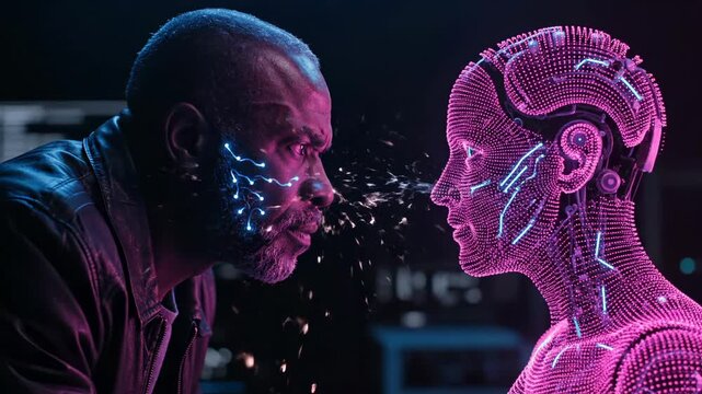 man faces android and robot hologram. spark arcs between profile and neon circuitry. interaction with technology in cyberpunk lab. conceptual image exploring human machine interface. signal registers.
