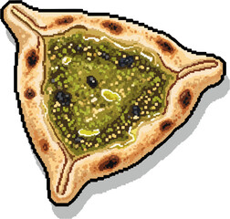 Pixelated illustration of a savory triangular pastry filled with green herbs and olives.